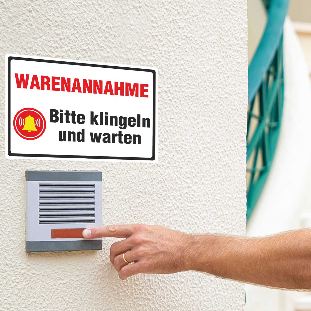 Aufkleber 29x20cm "Warenannahme - Bitte klingeln und warten"  - Hinweisaufkleber für den Innen- und Außenbereich - Folie selbstklebend - FOTOFOL