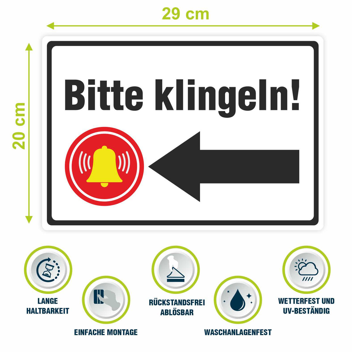 Aufkleber 29x20cm "Bitte klingeln - Pfeil rechts oder links"  - Hinweisaufkleber für den Innen- und Außenbereich - Folie selbstklebend - FOTOFOL