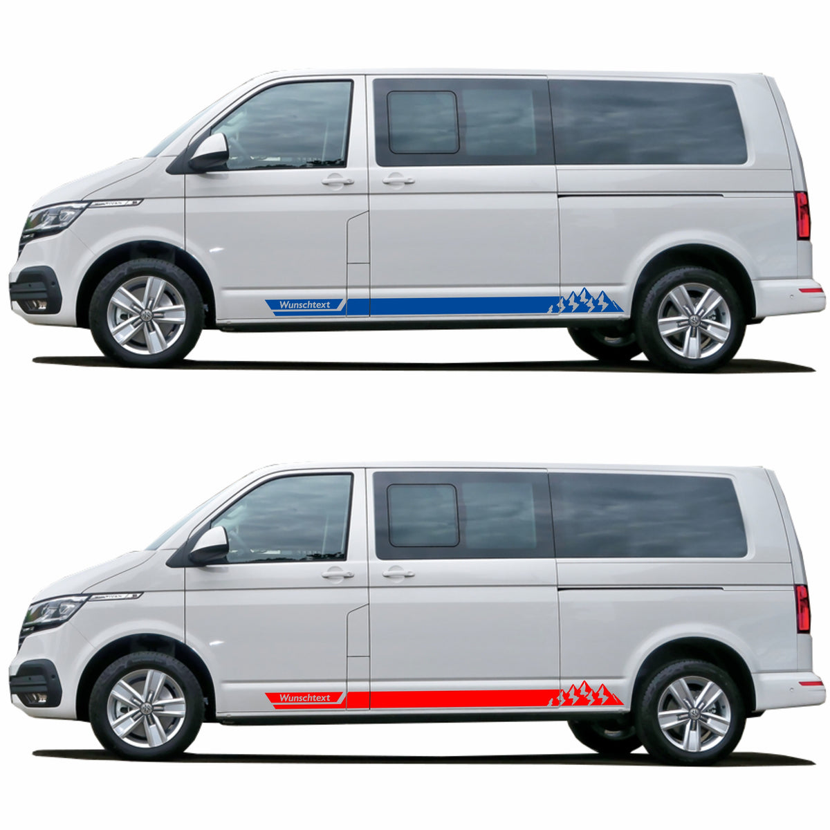 Seitenstreifen Aufkleber mit "Berge" Motiv passend für VW T6.1, T6, T5, Multivan, Bulli, Transporter - WUNSCHTEXT - FOTOFOL