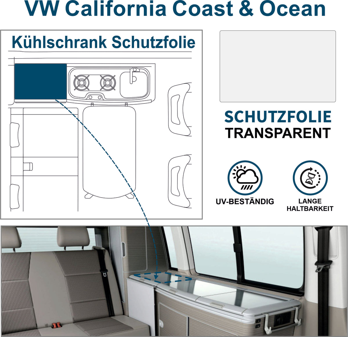 Schutzfolie Auto transparent - passend für VW T6.1 oder T6 California  Deckel Kühlschrank Kochfeld  Spülbecken California Coast Ocean Bulli - FOTOFOL