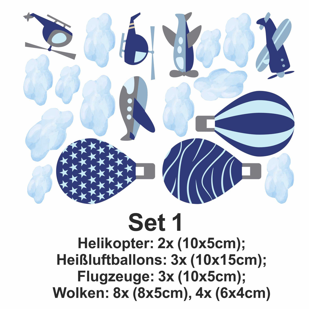Wandtattoo Kinderzimmer Flugzeuge mit Wolken Farbe Blau Grau - FOTOFOL
