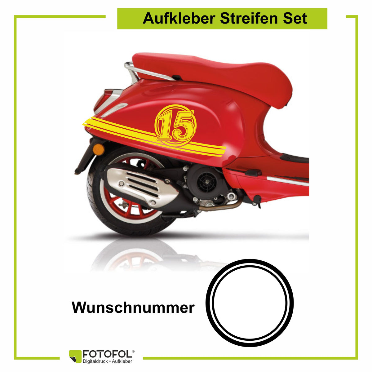 Aufkleber Streifen Set Wunschnummer passend für Motorroller "Vespa Primavera" - Wunschzahl Dekor Aufkleber Scooter - FOTOFOL