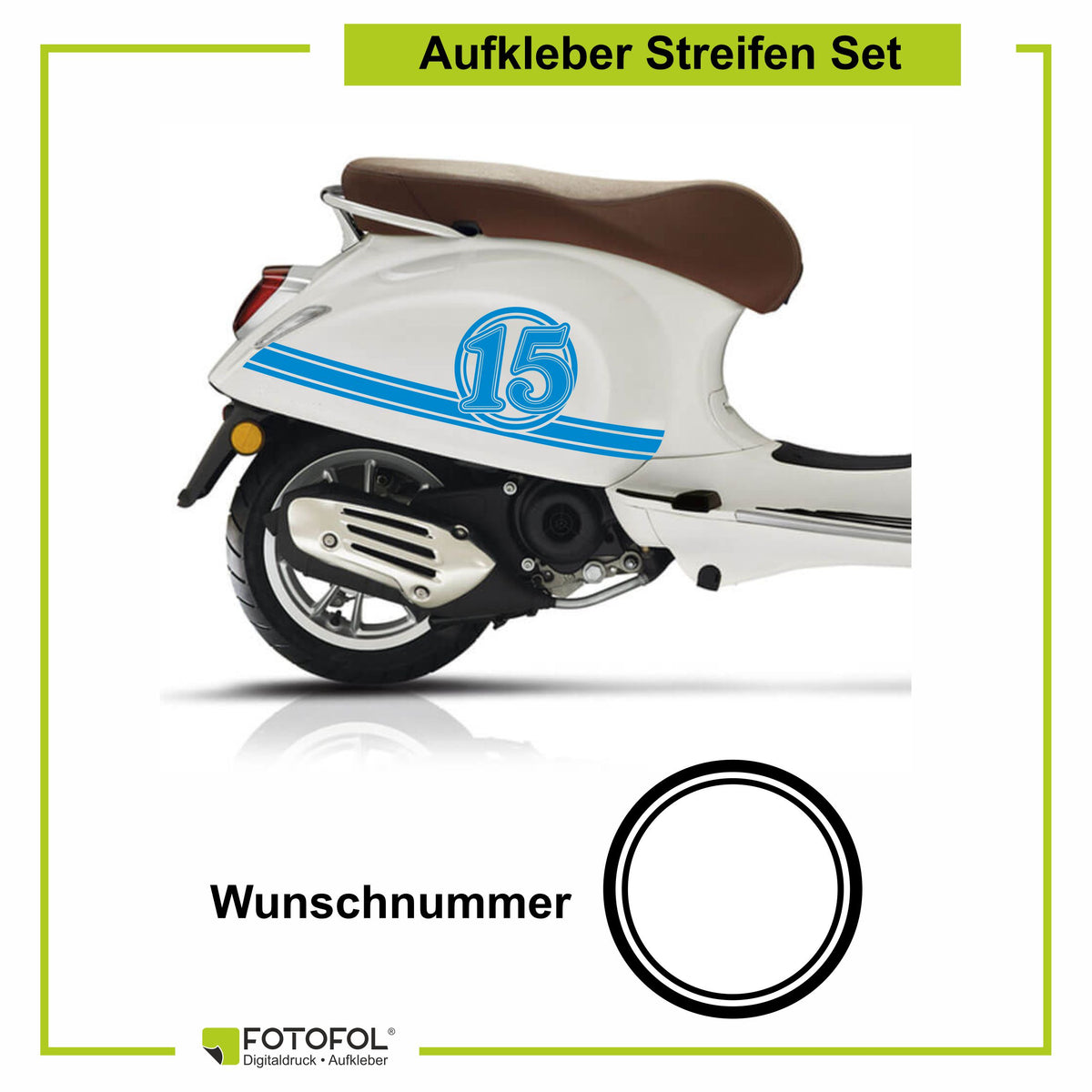 Aufkleber Streifen Set Wunschnummer passend für Motorroller "Vespa Primavera" - Wunschzahl Dekor Aufkleber Scooter - FOTOFOL