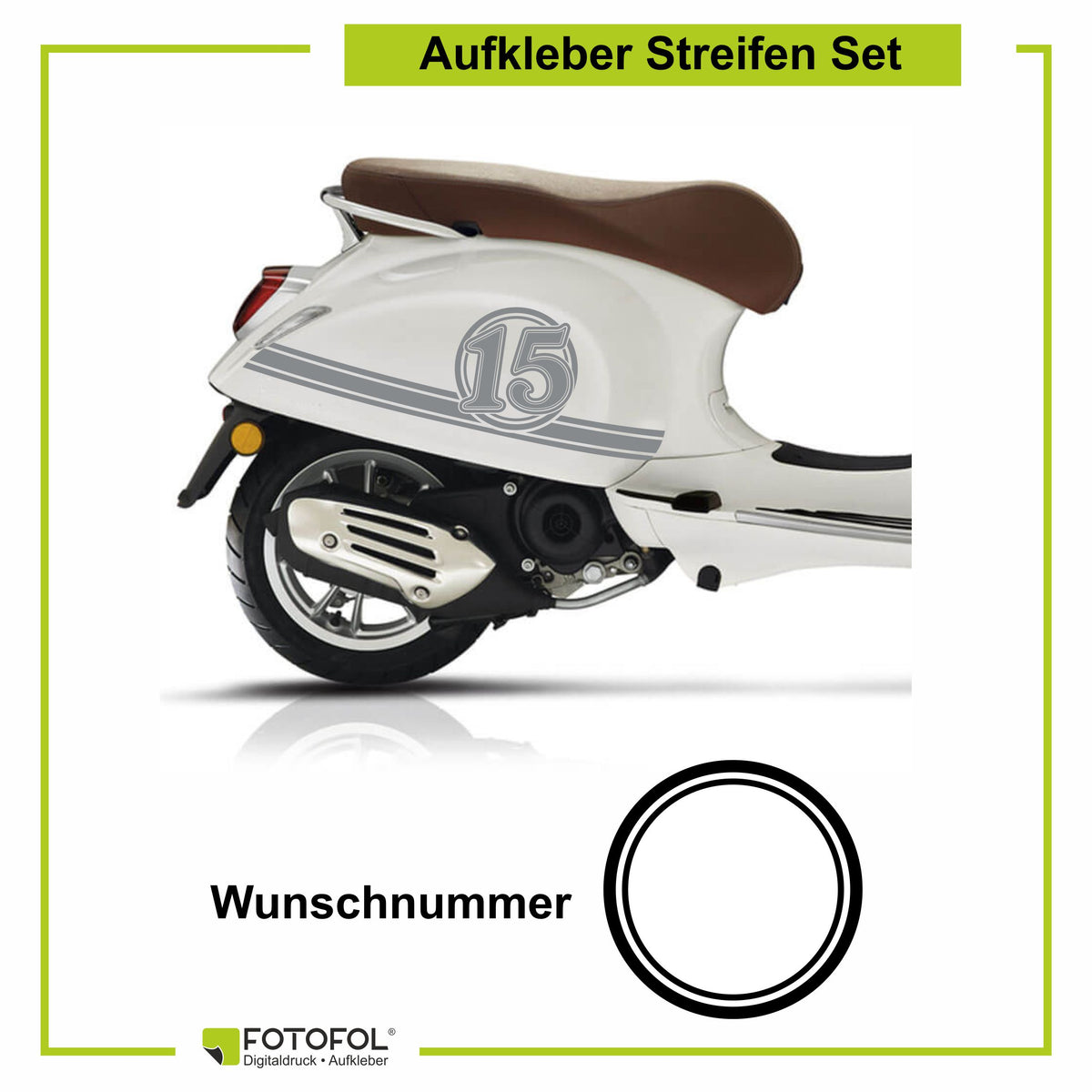 Aufkleber Streifen Set Wunschnummer passend für Motorroller "Vespa Primavera" - Wunschzahl Dekor Aufkleber Scooter - FOTOFOL