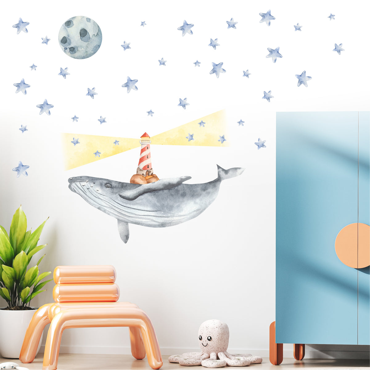 Wandtattoo Wal mit Leuchtturm und Mond mit Sterne - Wandsticker Kinderzimmer - FOTOFOL