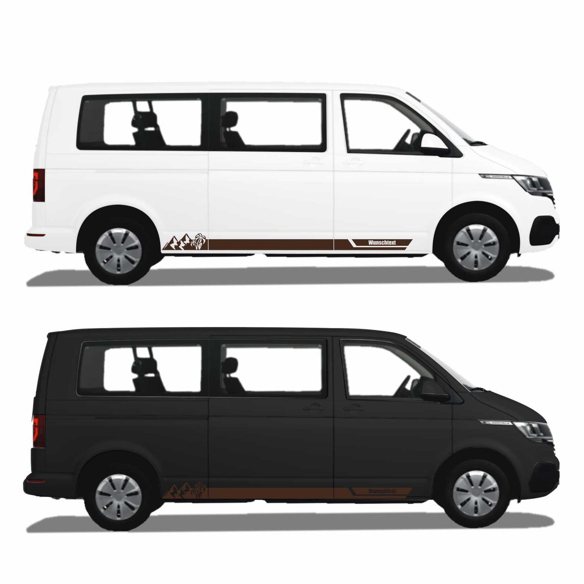 Seitenstreifen Aufkleber Berge-Palme-Surfbrett passend für VW T6.1, T6, T5, Multivan, Bulli, Transporter - mit WUNSCHTEXT - FOTOFOL