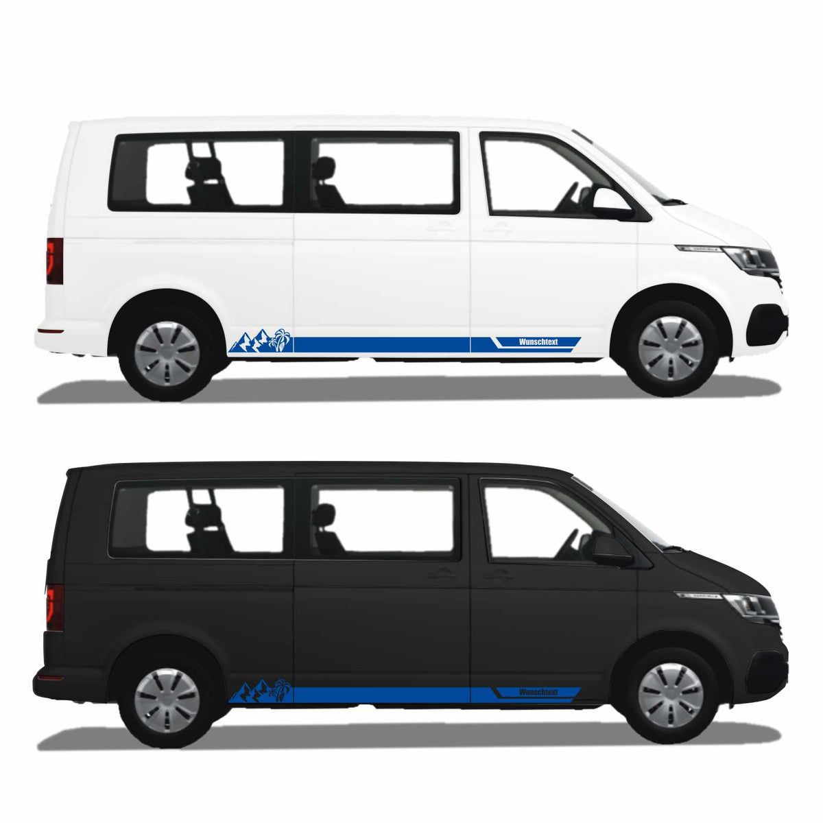 Seitenstreifen Aufkleber Berge-Palme-Surfbrett passend für VW T6.1, T6, T5, Multivan, Bulli, Transporter - mit WUNSCHTEXT - FOTOFOL