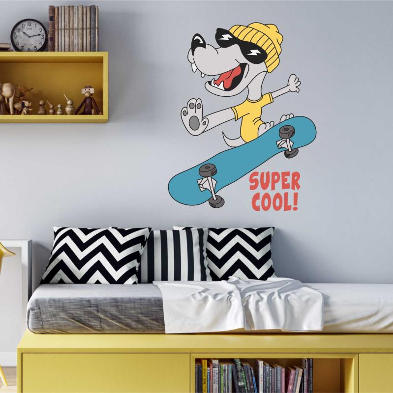 Wandtattoo Teenager-Zimmer Deko Hund mit Skateboard - FOTOFOL