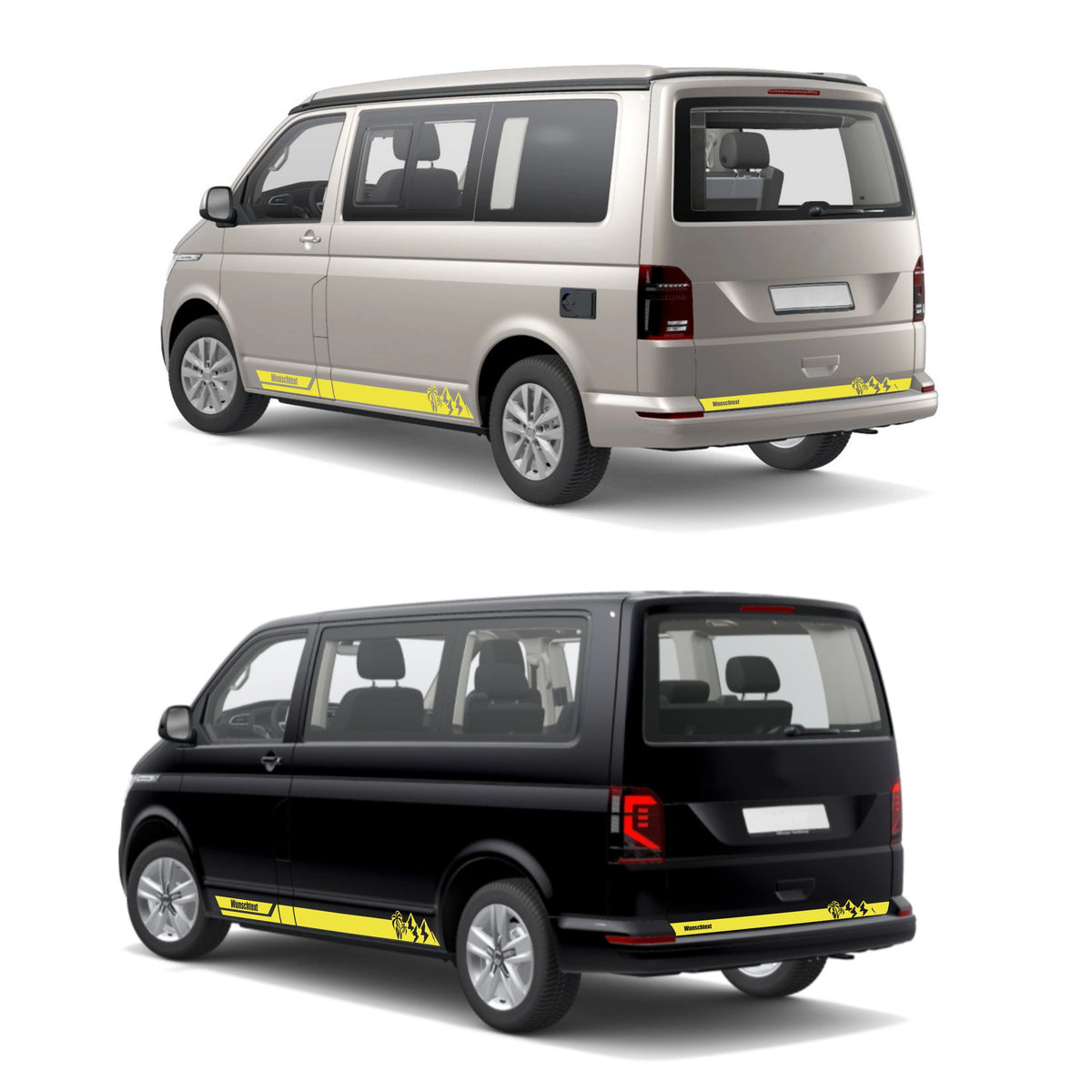 Seitenstreifen Aufkleber Berge-Palme-Surfbrett passend für VW T6.1, T6, T5, Multivan, Bulli, Transporter - mit WUNSCHTEXT - FOTOFOL