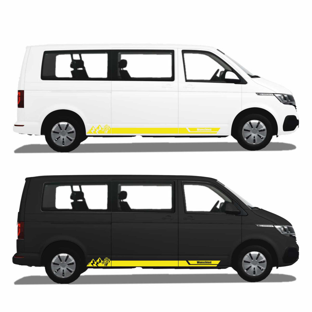Seitenstreifen Aufkleber Berge-Palme-Surfbrett passend für VW T6.1, T6, T5, Multivan, Bulli, Transporter - mit WUNSCHTEXT - FOTOFOL