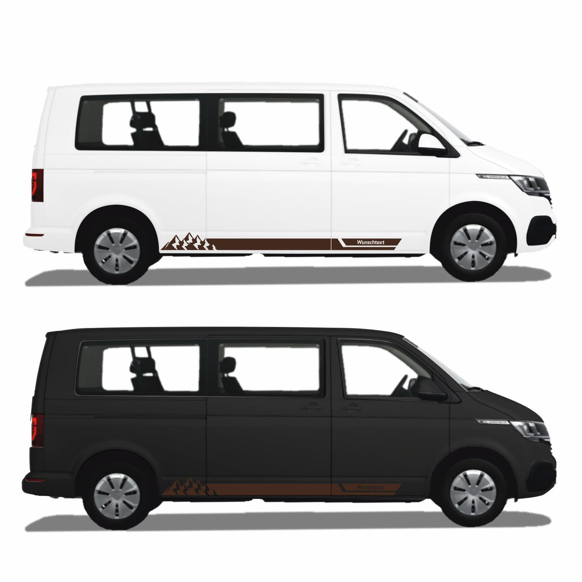 Seitenstreifen Aufkleber mit "Berge" Motiv passend für VW T6.1, T6, T5, Multivan, Bulli, Transporter - WUNSCHTEXT - FOTOFOL