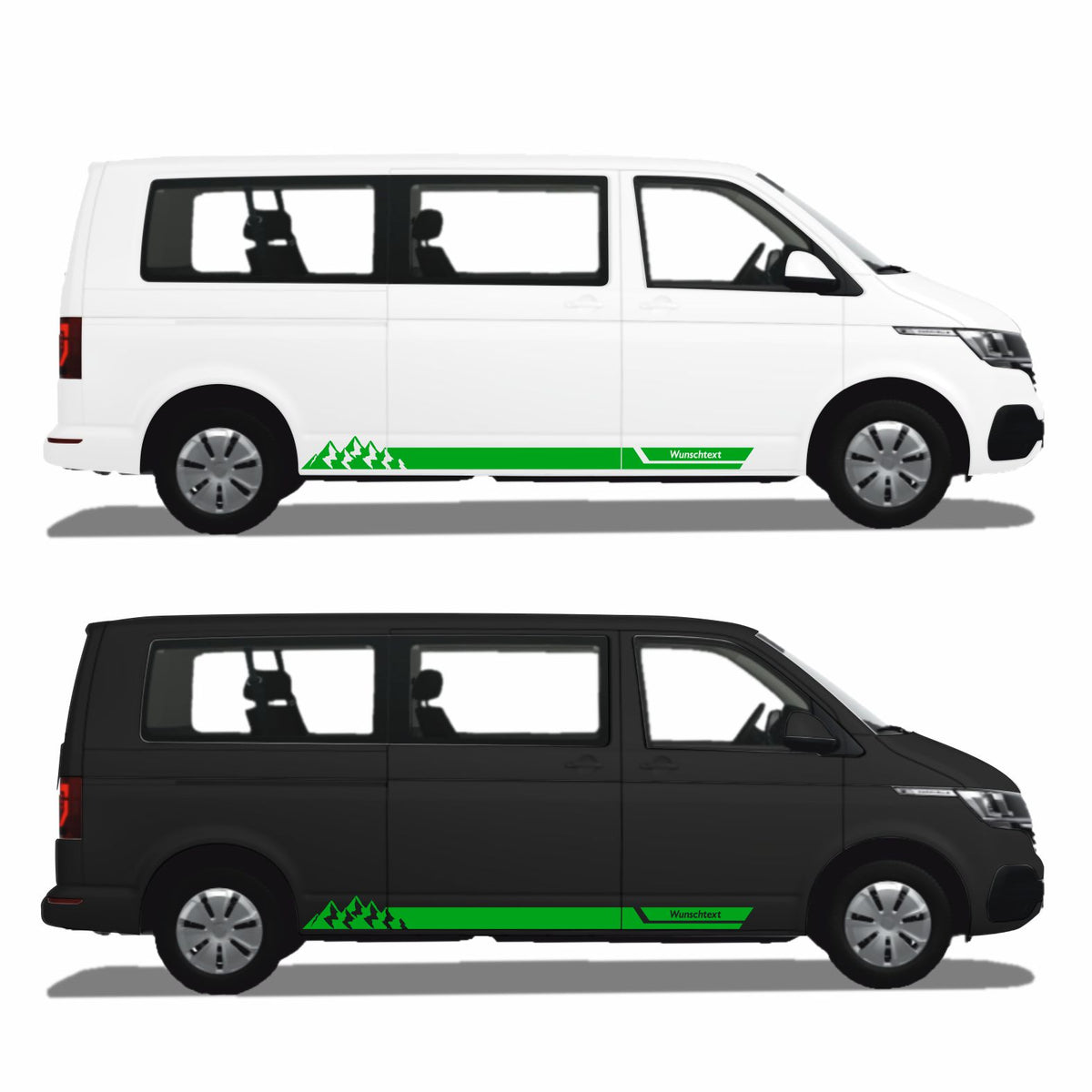 Seitenstreifen Aufkleber mit "Berge" Motiv passend für VW T6.1, T6, T5, Multivan, Bulli, Transporter - WUNSCHTEXT - FOTOFOL