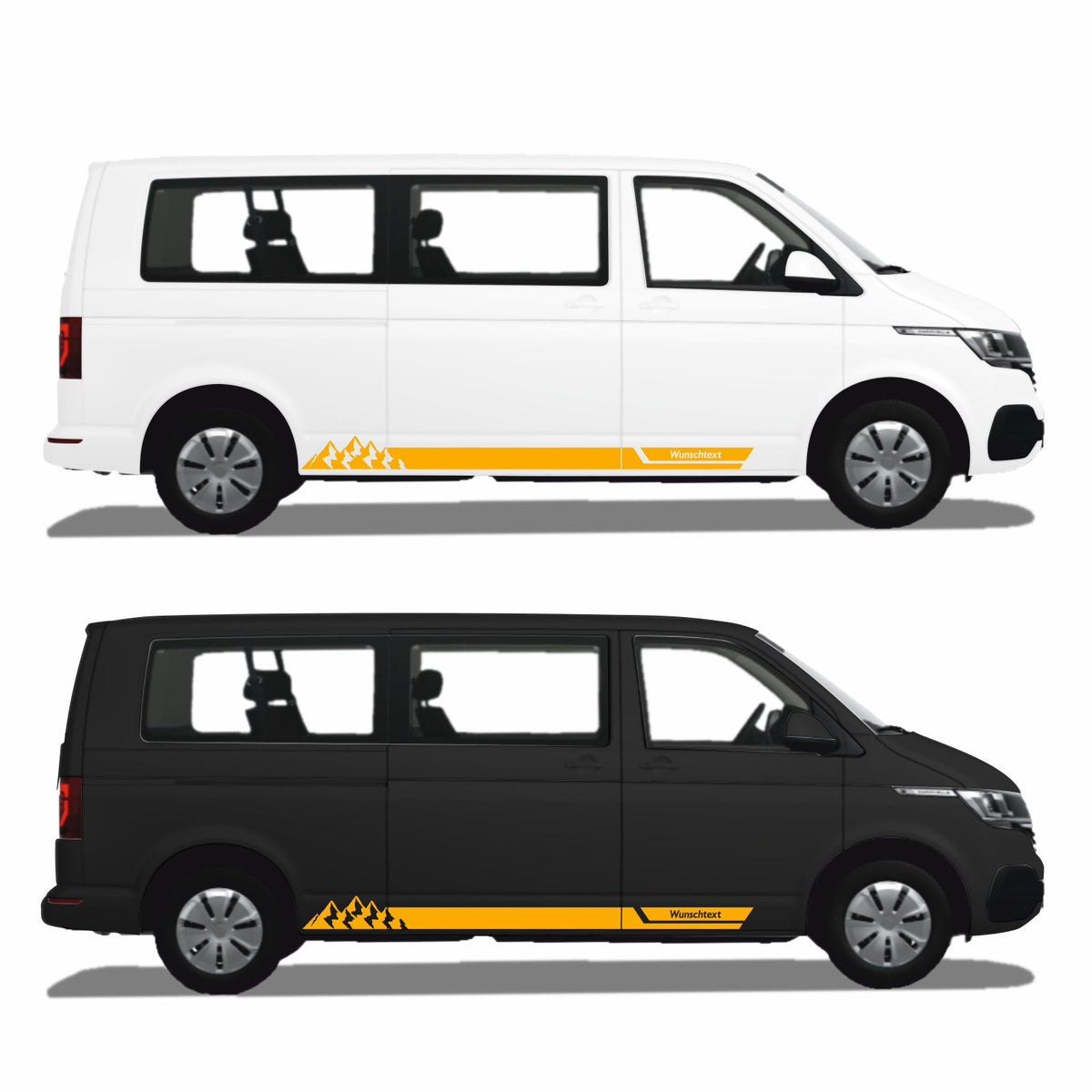 Seitenstreifen Aufkleber mit "Berge" Motiv passend für VW T6.1, T6, T5, Multivan, Bulli, Transporter - WUNSCHTEXT - FOTOFOL