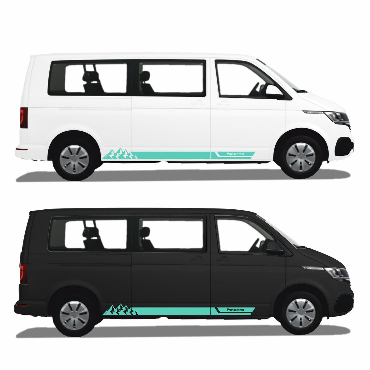 Seitenstreifen Aufkleber mit "Berge" Motiv passend für VW T6.1, T6, T5, Multivan, Bulli, Transporter - WUNSCHTEXT - FOTOFOL