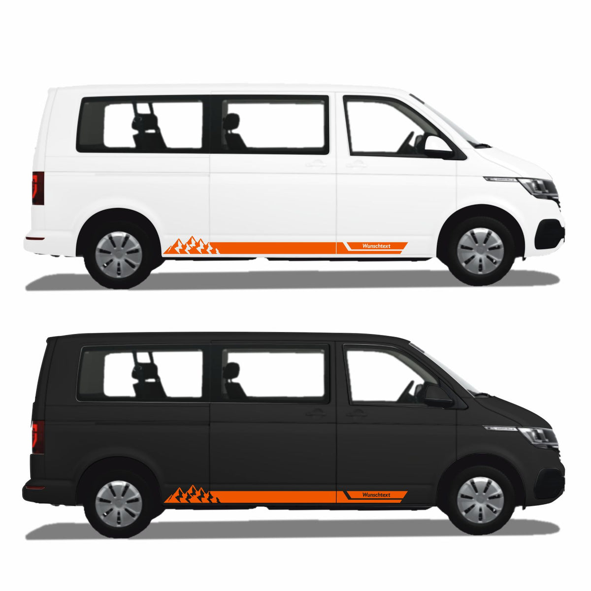 Seitenstreifen Aufkleber mit "Berge" Motiv passend für VW T6.1, T6, T5, Multivan, Bulli, Transporter - WUNSCHTEXT - FOTOFOL