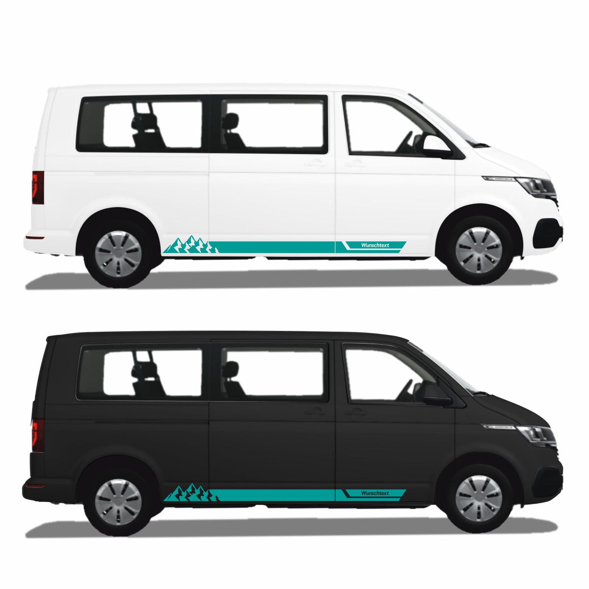 Seitenstreifen Aufkleber mit "Berge" Motiv passend für VW T6.1, T6, T5, Multivan, Bulli, Transporter - WUNSCHTEXT - FOTOFOL