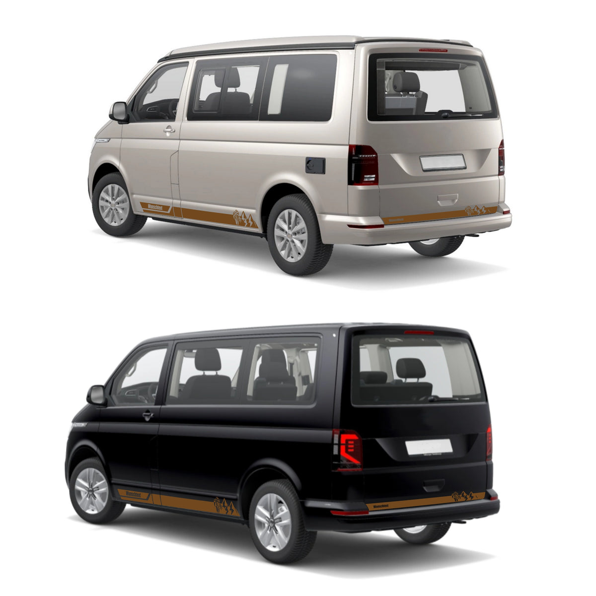 Seitenstreifen Aufkleber Berge-Palme-Surfbrett passend für VW T6.1, T6, T5, Multivan, Bulli, Transporter - mit WUNSCHTEXT - FOTOFOL