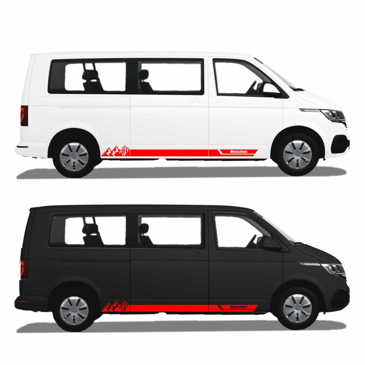 Seitenstreifen Aufkleber Berge-Palme-Surfbrett passend für VW T6.1, T6, T5, Multivan, Bulli, Transporter - mit WUNSCHTEXT - FOTOFOL