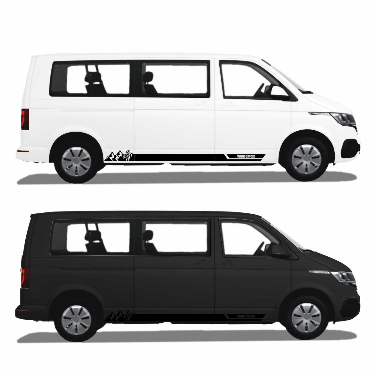 Seitenstreifen Aufkleber Berge-Palme-Surfbrett passend für VW T6.1, T6, T5, Multivan, Bulli, Transporter - mit WUNSCHTEXT - FOTOFOL