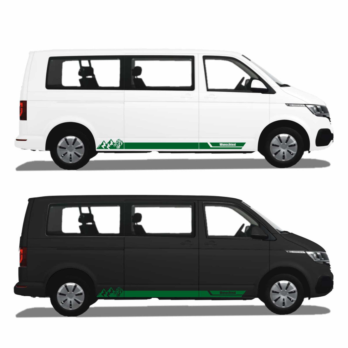 Seitenstreifen Aufkleber Berge-Palme-Surfbrett passend für VW T6.1, T6, T5, Multivan, Bulli, Transporter - mit WUNSCHTEXT - FOTOFOL