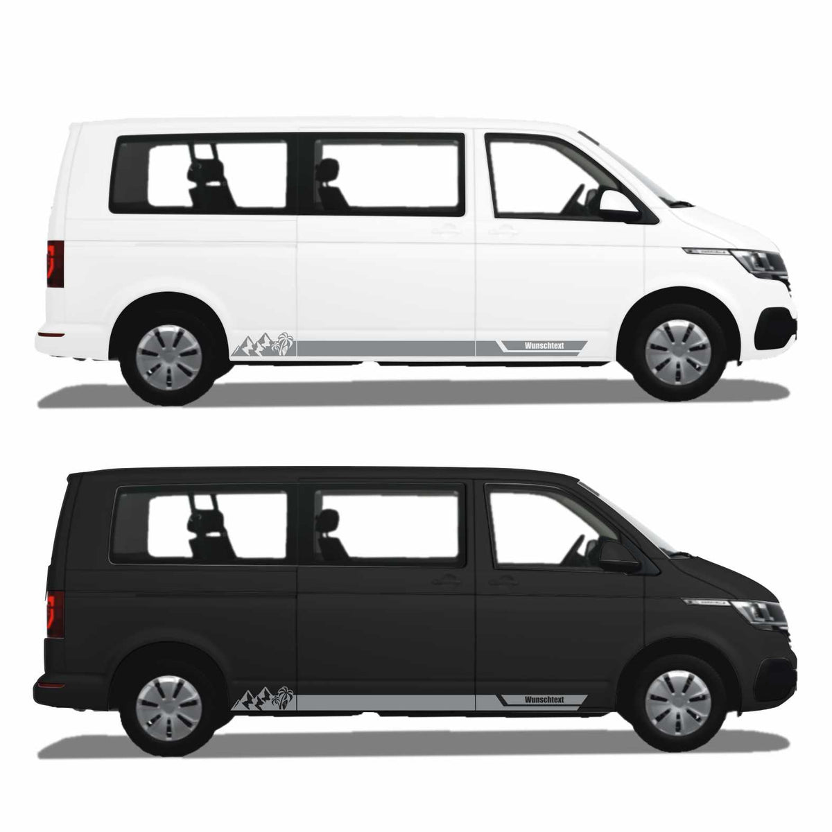 Seitenstreifen Aufkleber Berge-Palme-Surfbrett passend für VW T6.1, T6, T5, Multivan, Bulli, Transporter - mit WUNSCHTEXT - FOTOFOL