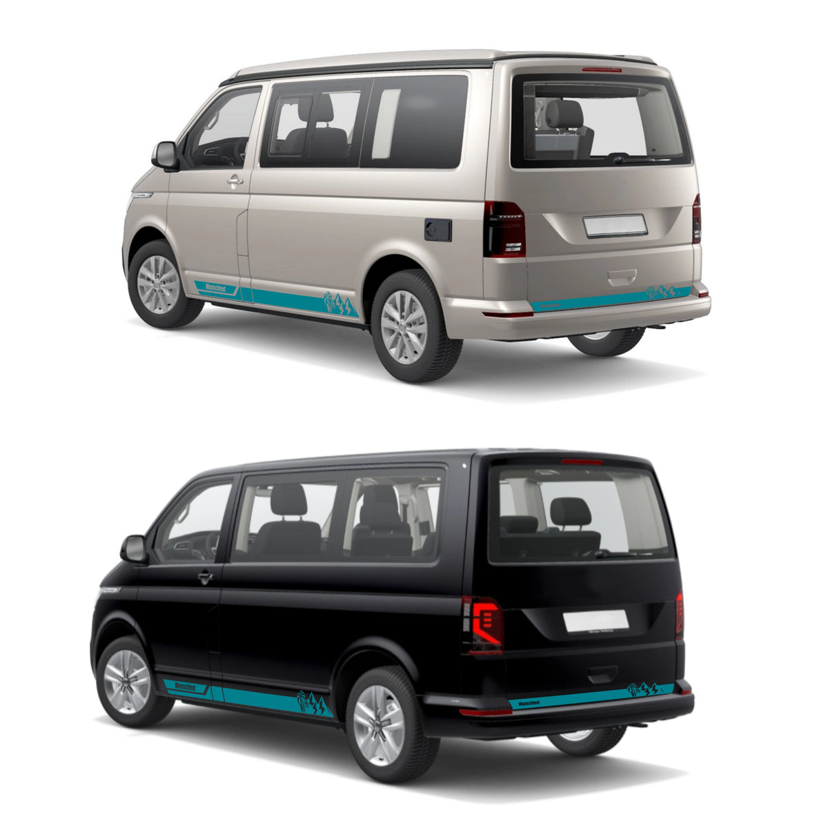 Seitenstreifen Aufkleber Berge-Palme-Surfbrett passend für VW T6.1, T6, T5, Multivan, Bulli, Transporter - mit WUNSCHTEXT - FOTOFOL